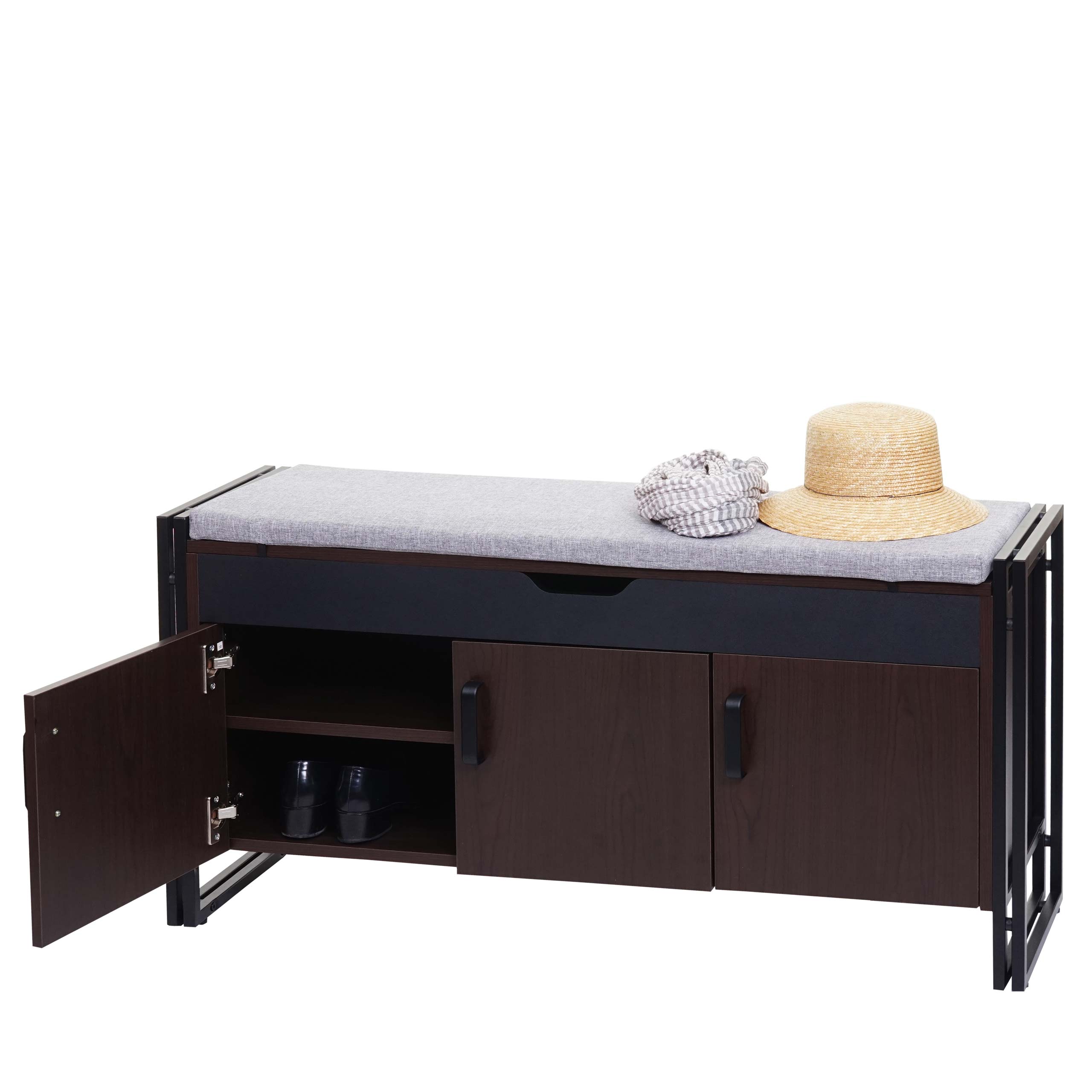 Schuhkommode mit Sitzmöglichkeit MCW-A27, Kommode Bank mit Kissen, 53x110x30cm 3D-Struktur Metall ~ dunkelbraun