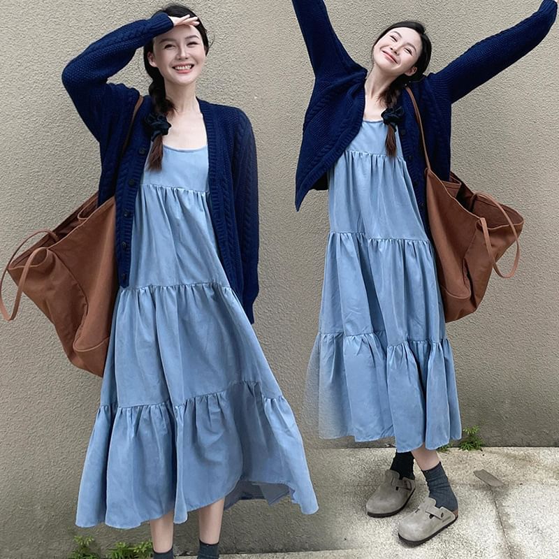 matteira - Zwangerschapsjurk met spaghettibandjes en denim midi-lijn / effen vest