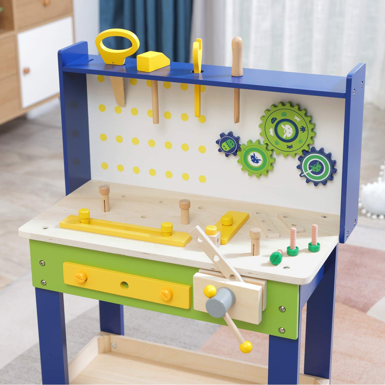 Baby Vivo Spielwerkbank / Werkbank für Kinder aus Holz - Luigi mit drehbaren Zahnrädern und 29 Teilen Zubehör