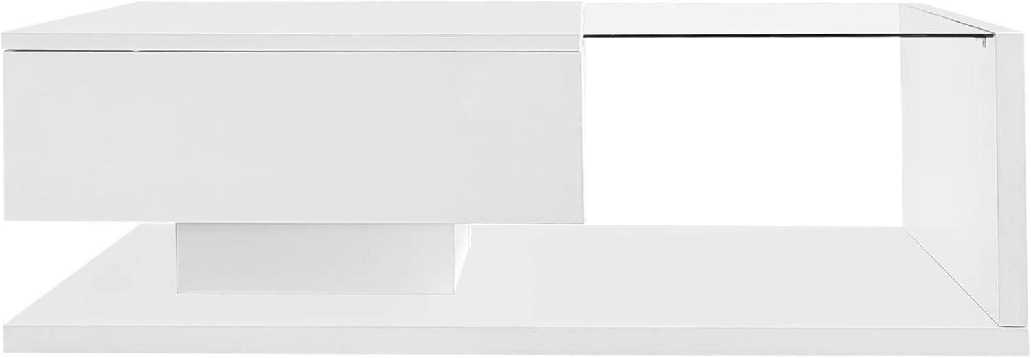 Merax Wohnzimmertisch, LED Couchtisch mit Schubladen, Hochglanz Kaffeetisch mit Stauraum, Modern Coffee Table, 105L x 55B x 32,5H cm, Weiß