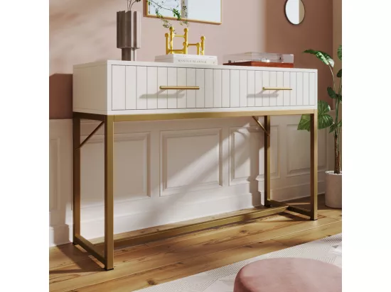 Coiffeuse décorée de rayures verticales - H 75 cm - avec 2 tiroirs et piètement en métal - Blanc