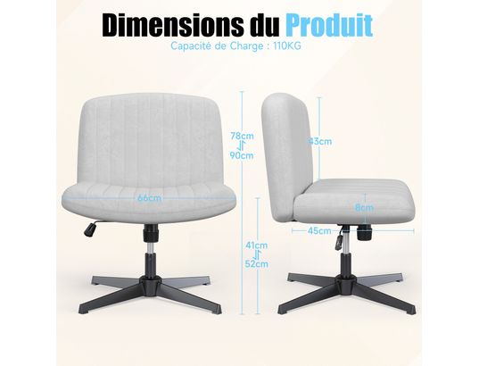 RATTANTREE - Chaise de bureau Fauteuil de bureau large sans accoudoirs gris clair