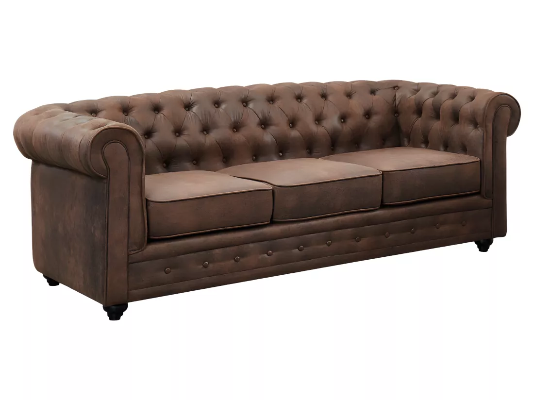 Canapés 3 places et 2 places CHESTERFIELD en microfibre aspect cuir vieilli