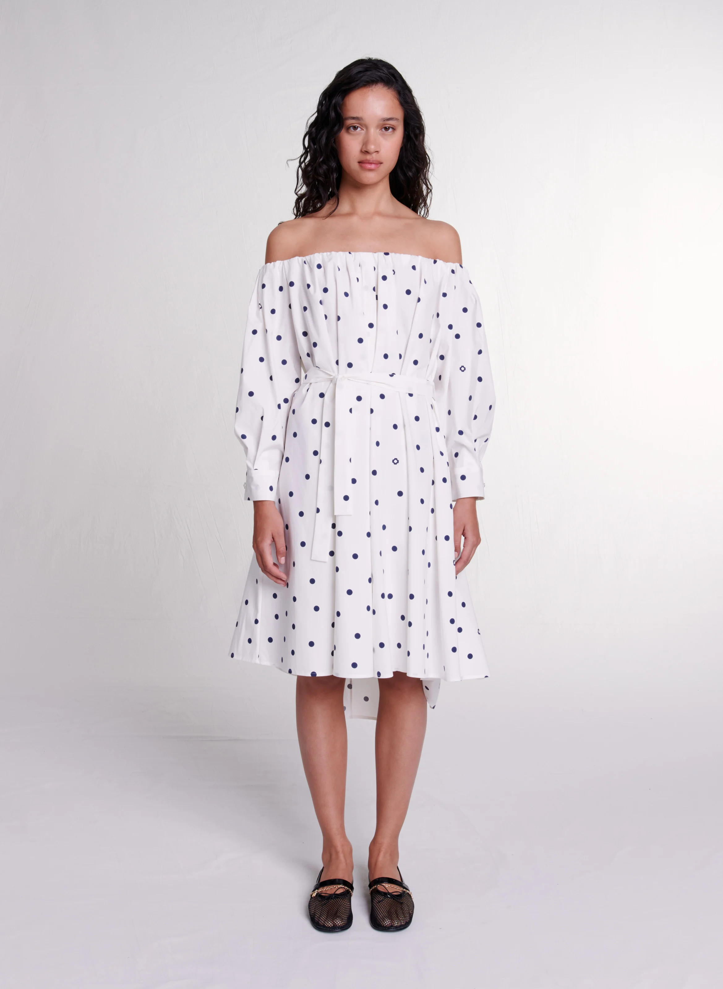 Robe chemise ajustée encolure bardot en coton mélangé imprimé | Multicolore