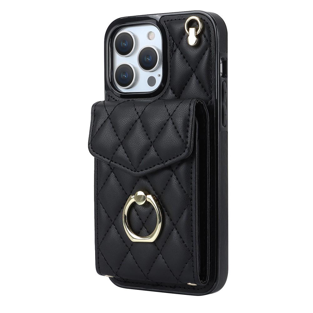 iPhone 15 Pro Necklace Leder Hülle mit Kartenfächer   Finger Griff Halterung   Handykette (RFID Schutz) - Schwarz