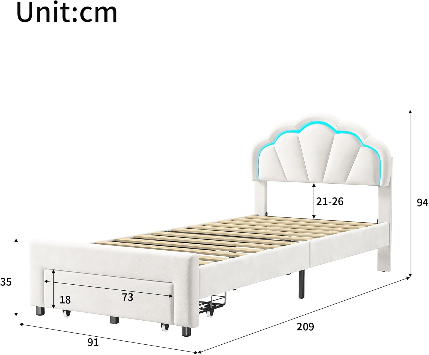 Einzelbett Kinderbett 90x200cm, Polsterbett mit LED-Beleuchtung & Schubladen, Prinzessinnenbett Mädchenbett mit Blumenkopfteil, Samtstoff, Weiß,Ohne Matratze(Beige-Blumen+LED)