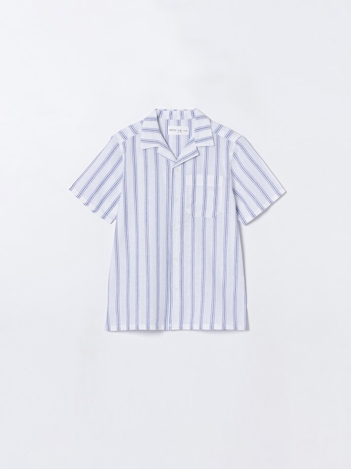 Camisa de manga curta em algodão e linho - Azul-marinho