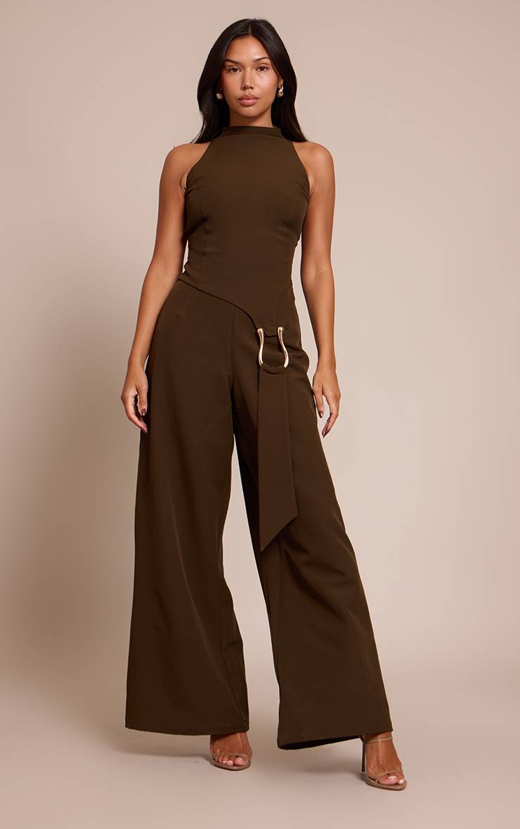 Kaki Combinaison Pantalon Droit Avec Ceinture Tissée Et Détail Ajusté
