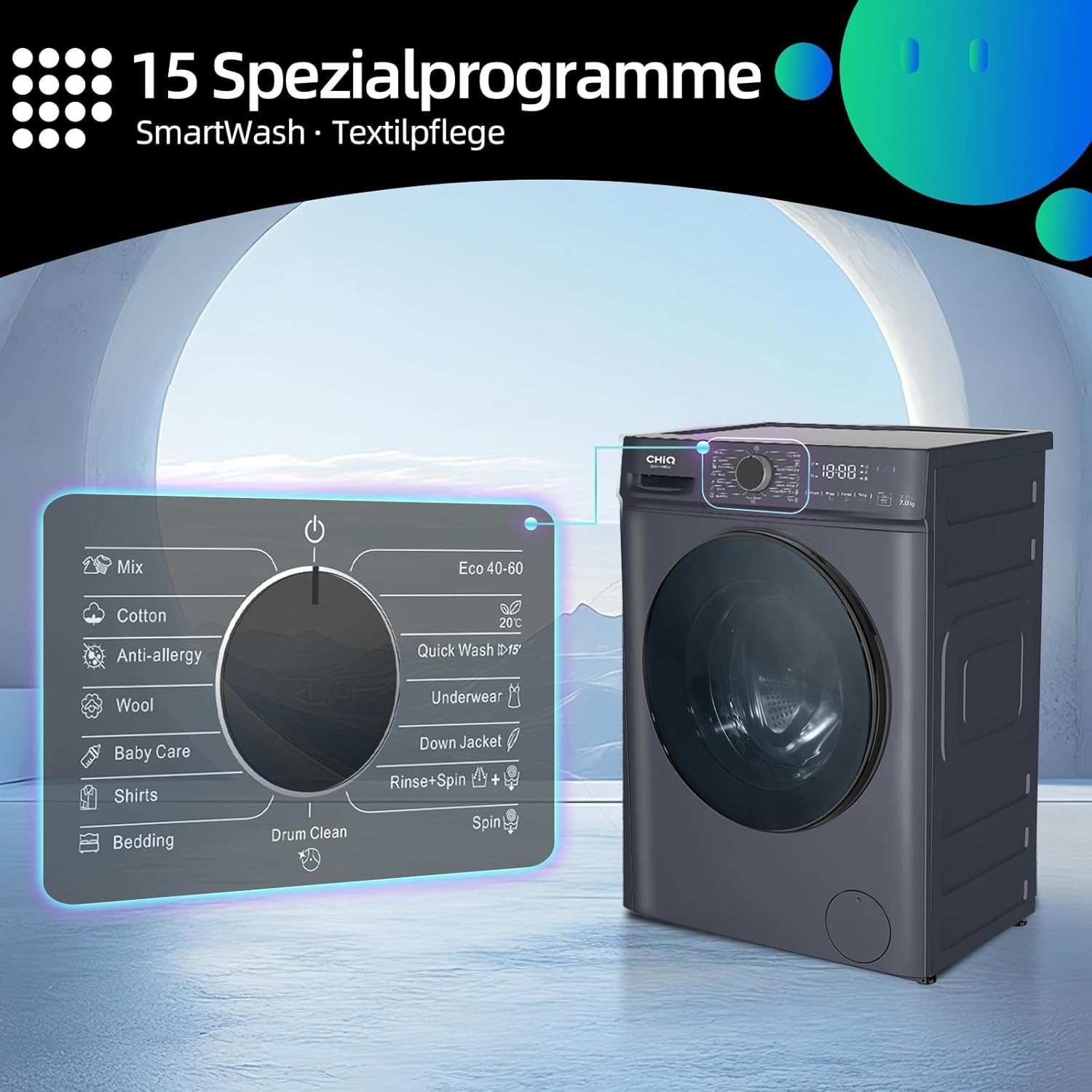 CHiQ Waschmaschine 7kg, InverterMotor, EEK A| 60x46,5x84cm, Große Tür| Eco, Speed Wash, Auto Clean, Kindersicherung|1200 U/Min, Washer Grau, CW07123863AX