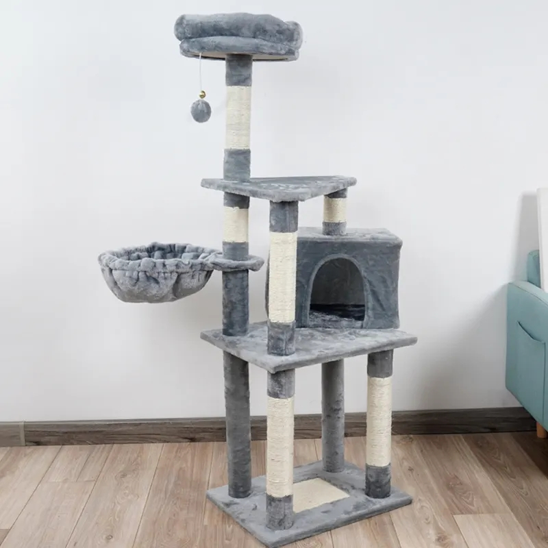 (133cm) Katzen Baum Sisal Kratzsäulen mit Häuschen / Hängematte / Tunnel / Aussichts Plattform - Grau