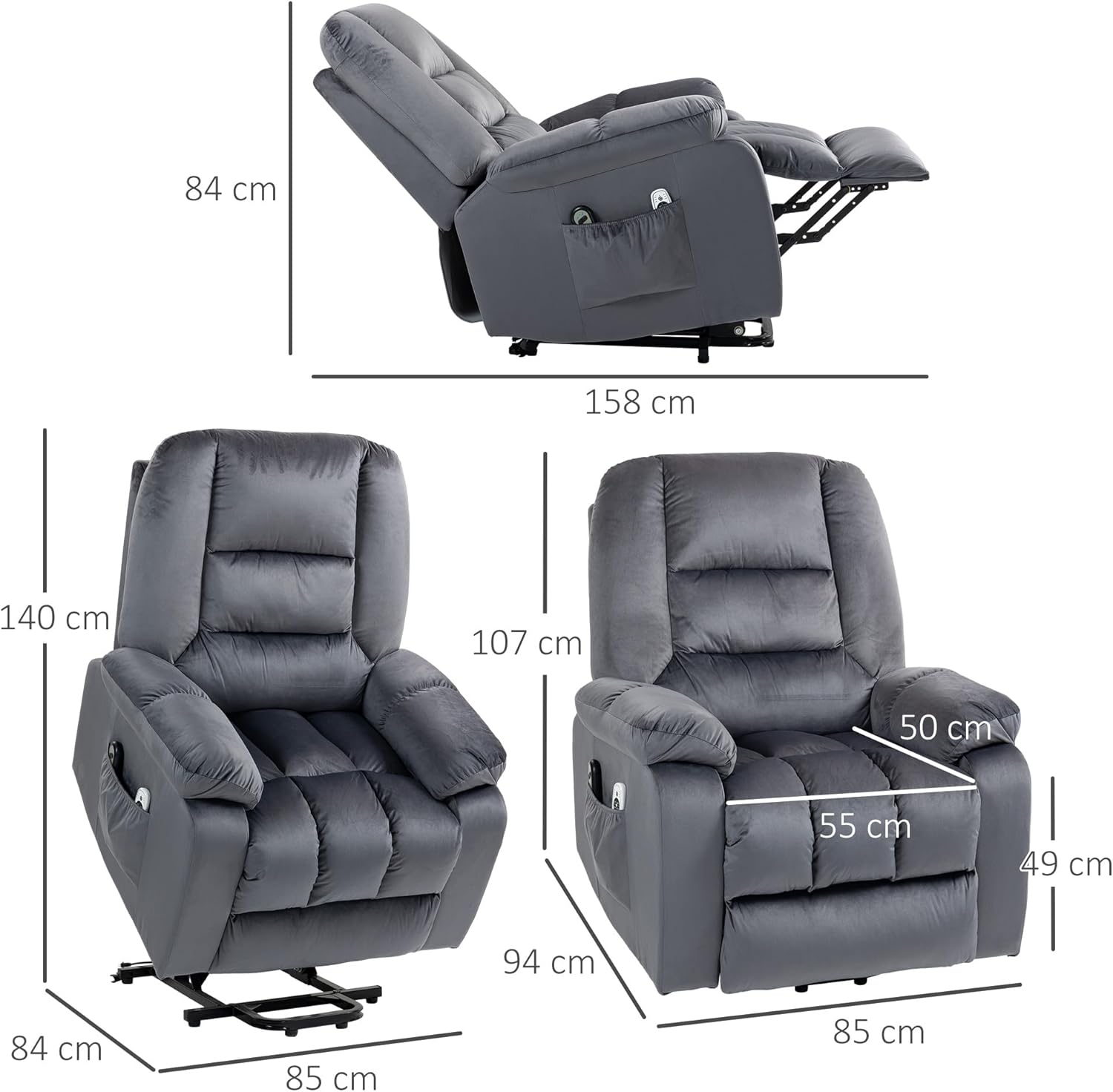 HOMCOM Fernsehsessel mit Aufstehhilfe Elektrisch Relaxsessel mit Wärmefunktion, Massagefunktion, Liegefunktion Massagesessel mit Fernbedienung, Fußteil, Seitentasche TV Sessel für Wohnzimmer Grau