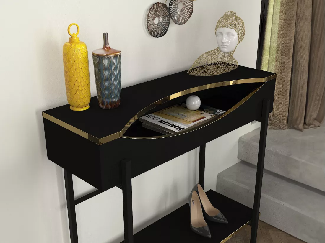 Console avec 1 étagère et 1 niche - Noir et Doré - MERIOVA