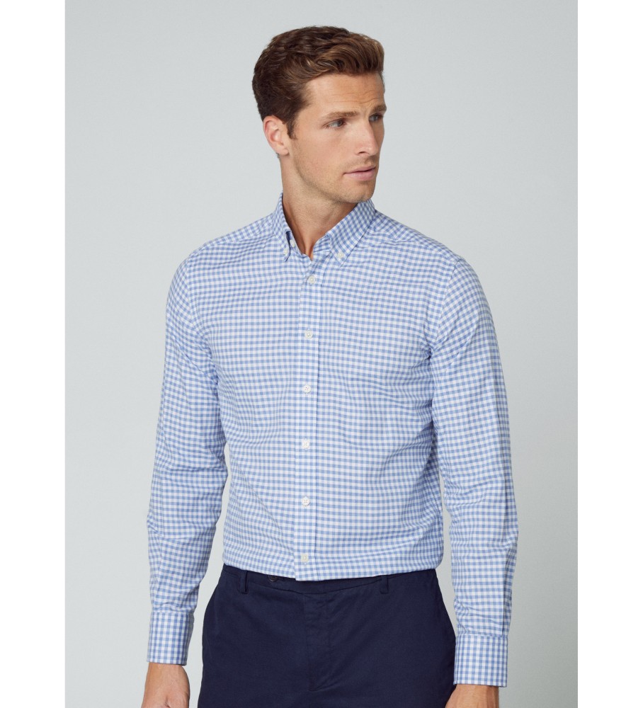 Camisa Hackett Azul com Estampa Xadrez Escovado