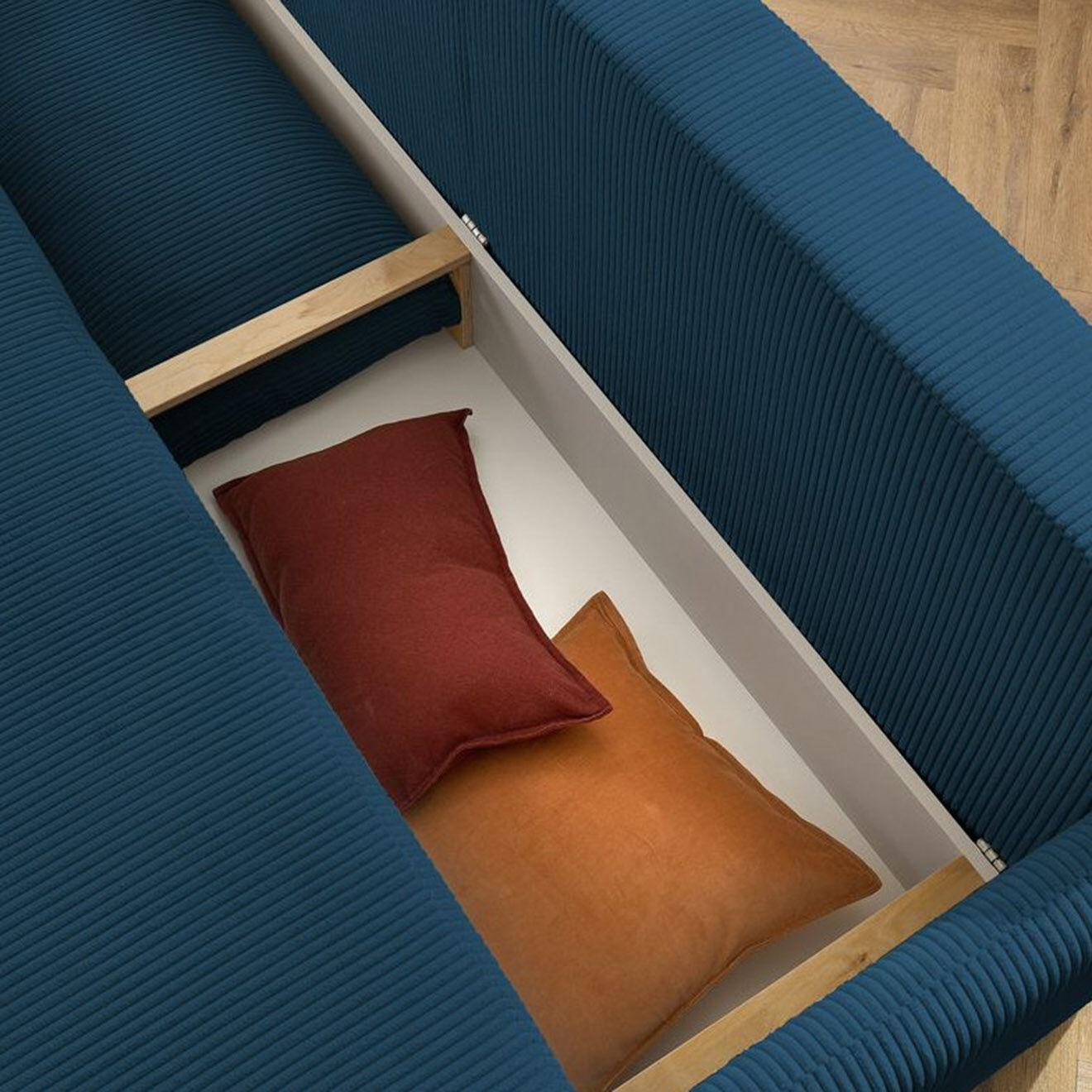 Bobochic Canapé convertible coffre marcel velours côtelé bleu foncé  - 211x100x86 cm