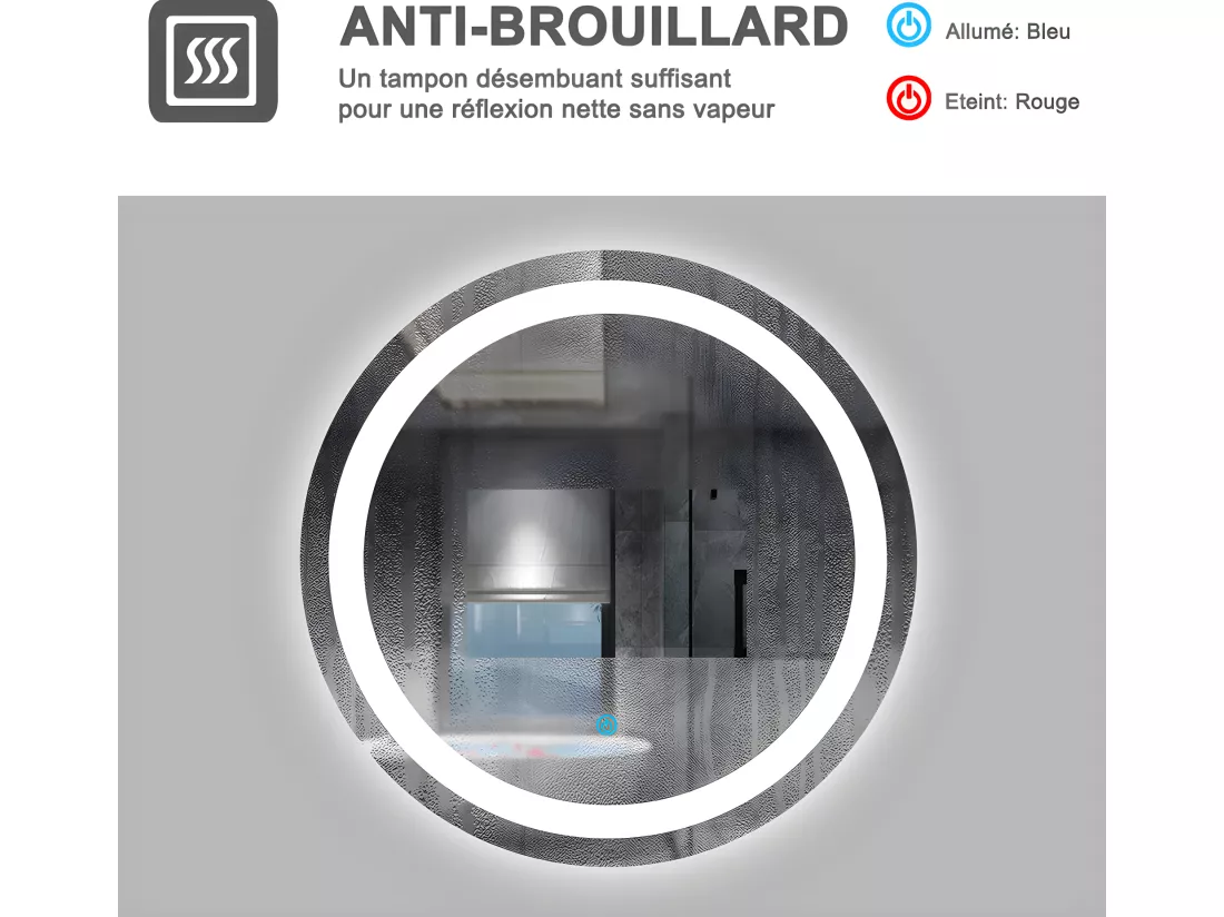 Miroir de salle de bain lumineux rond à leds - L60 x H60 cm Aica