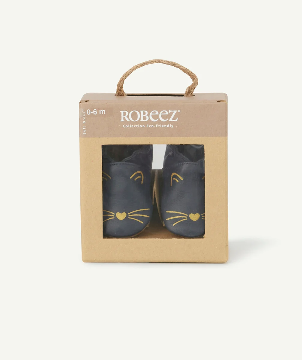 ROBEEZLES CHAUSSONS EN TANNAGE VÉGÉTAL BLEU MARINE AVEC CHATS