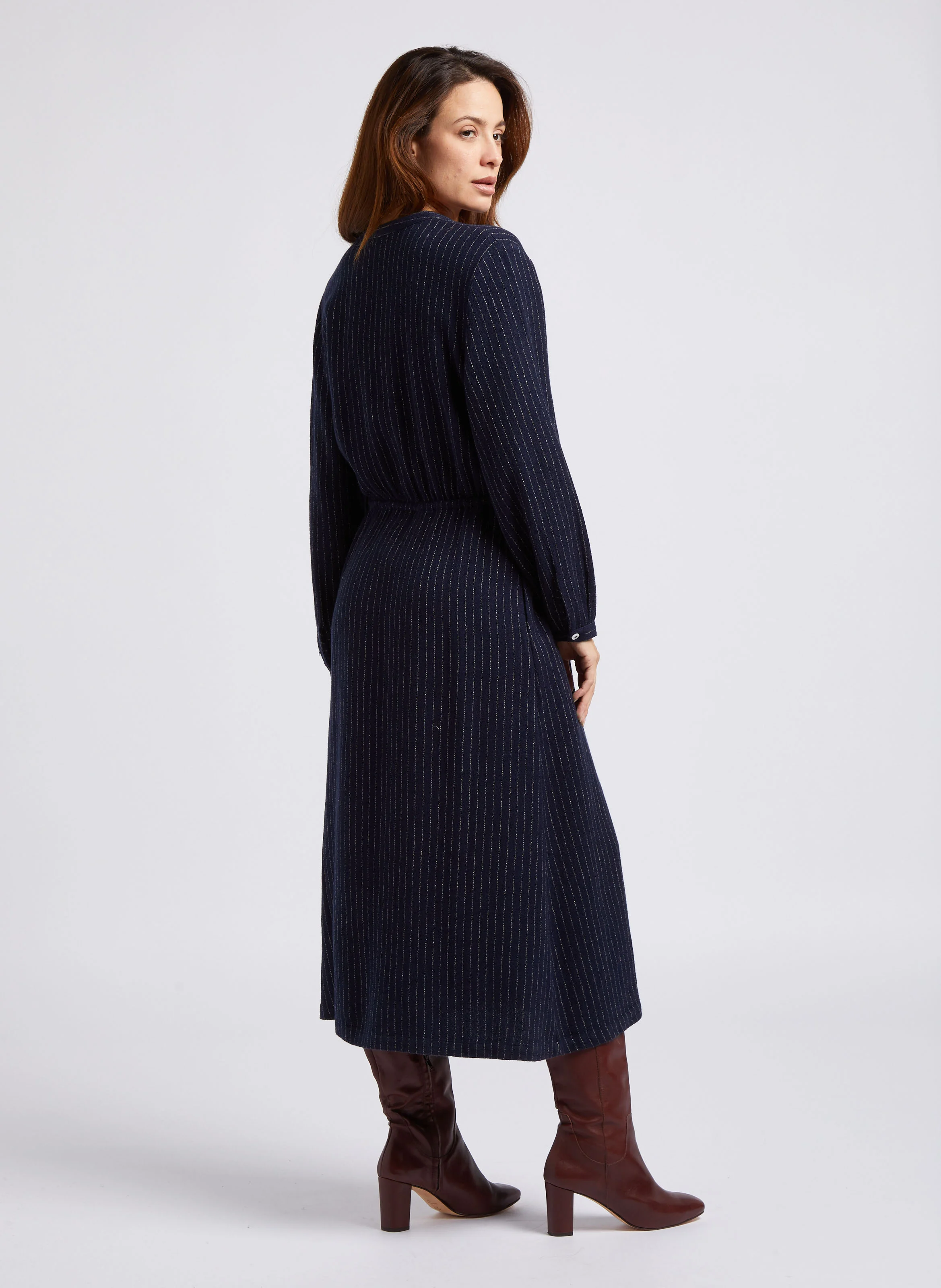 Robe midi col tunisien rayée | Bleu