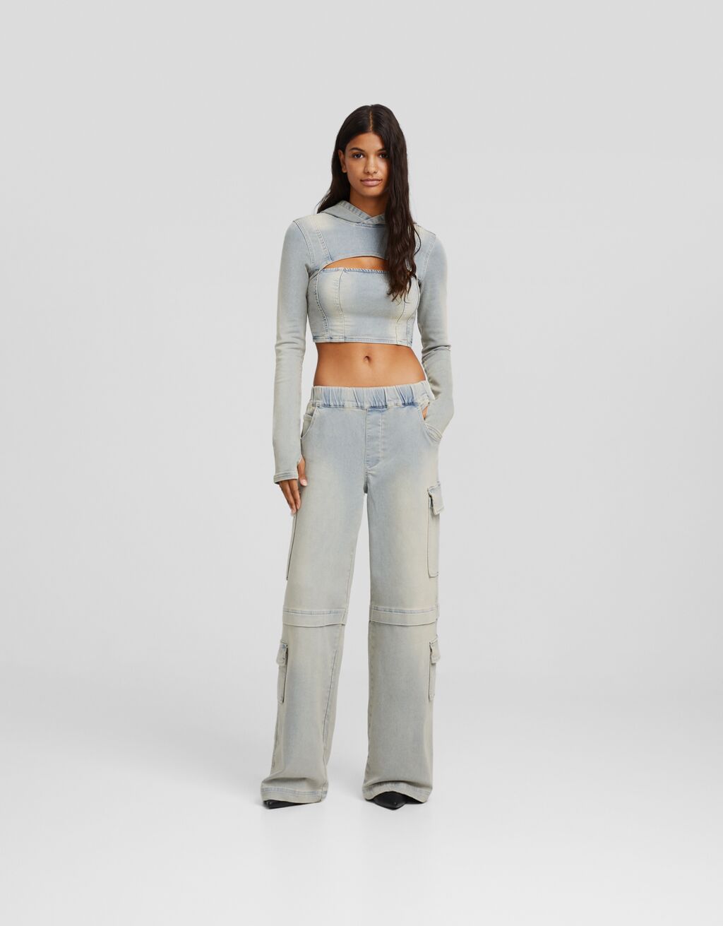 Blusa de moletom com capuz de manga comprida em malha jeans