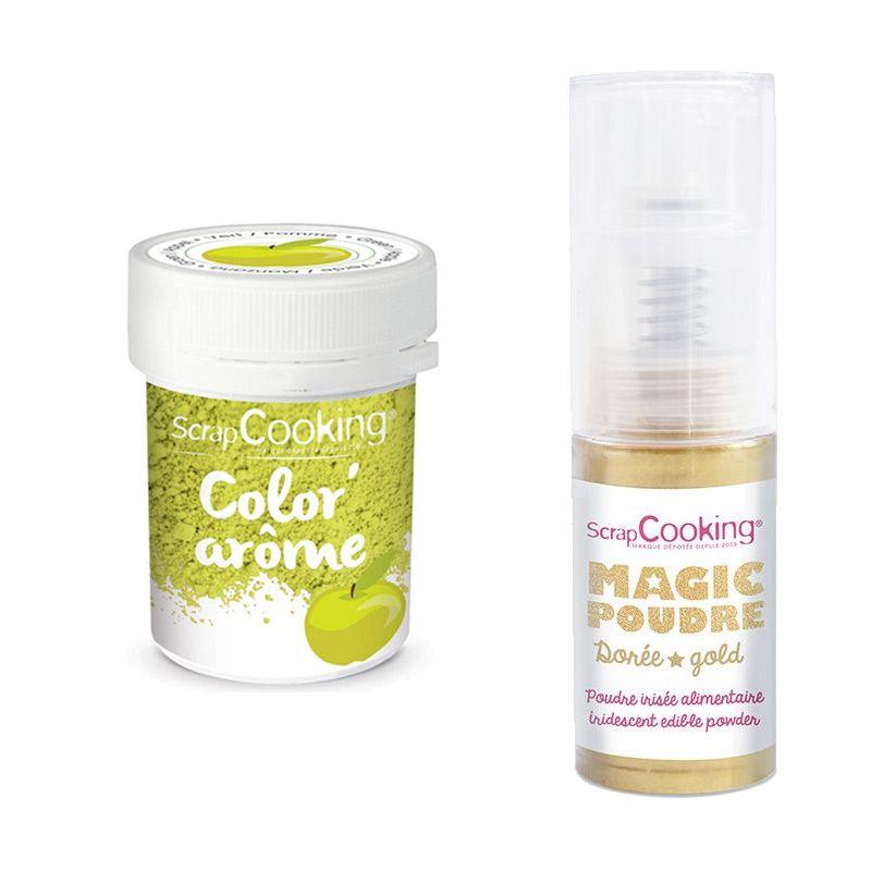 Colorant alimentaire vert arôme pomme + Poudre alimentaire irisée doré