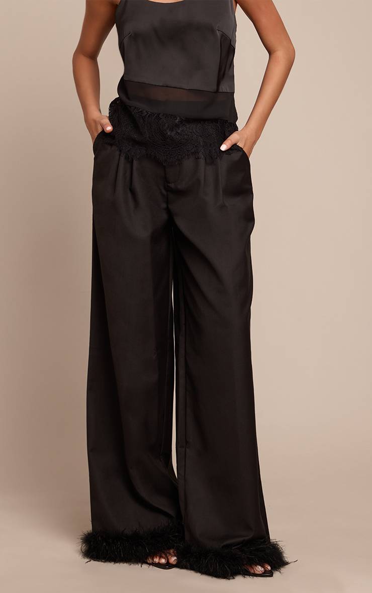 Noir Pantalon Ajusté À Ourlet Plumes