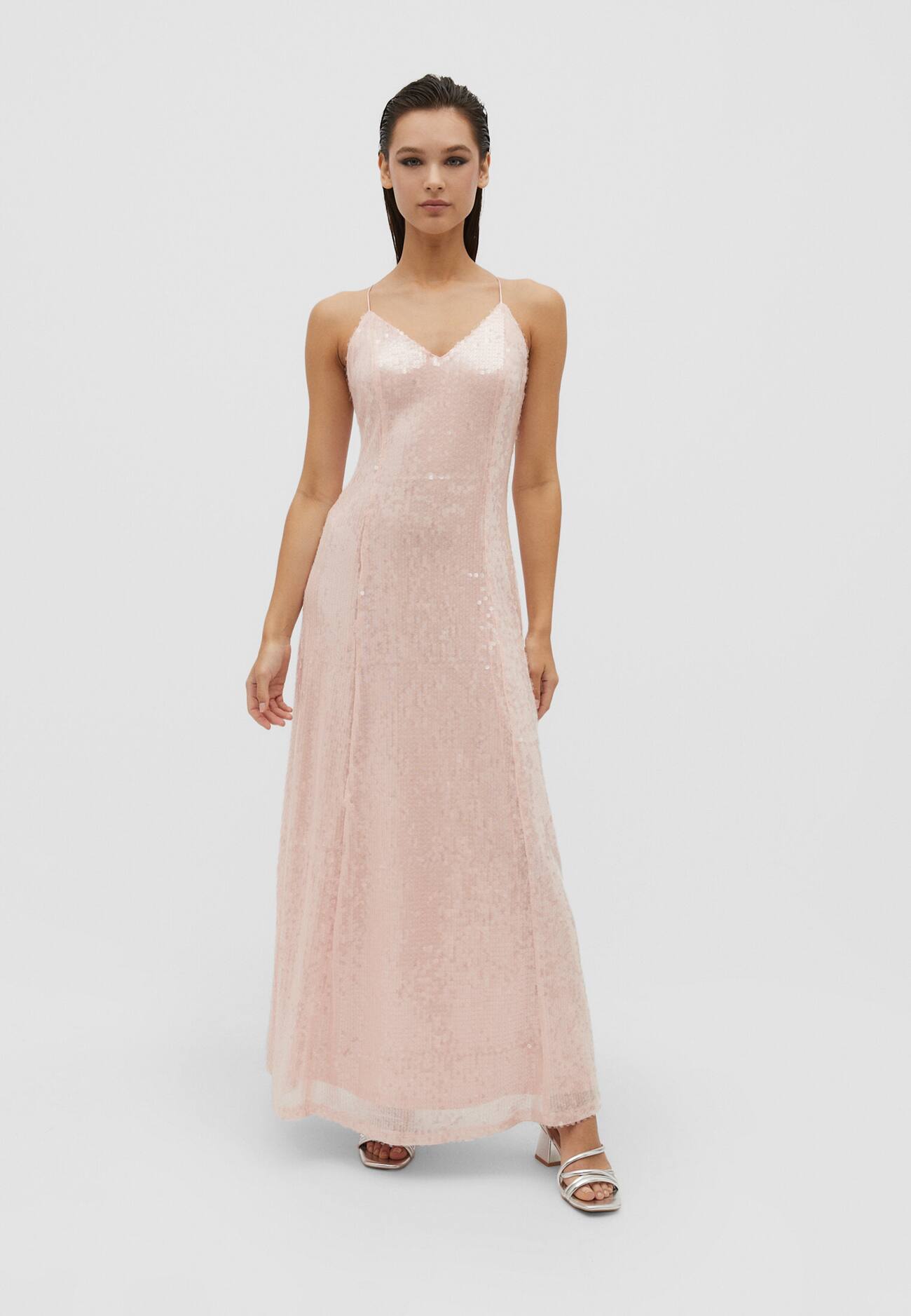 Vestido longo de lantejoulas com alças finas