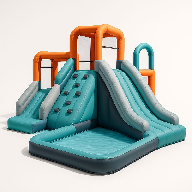 Aufblasbare PVC Wasserrutsche mit Kletterwand und Planschbecken 400 x 350 x 230 cm Orange/Blau