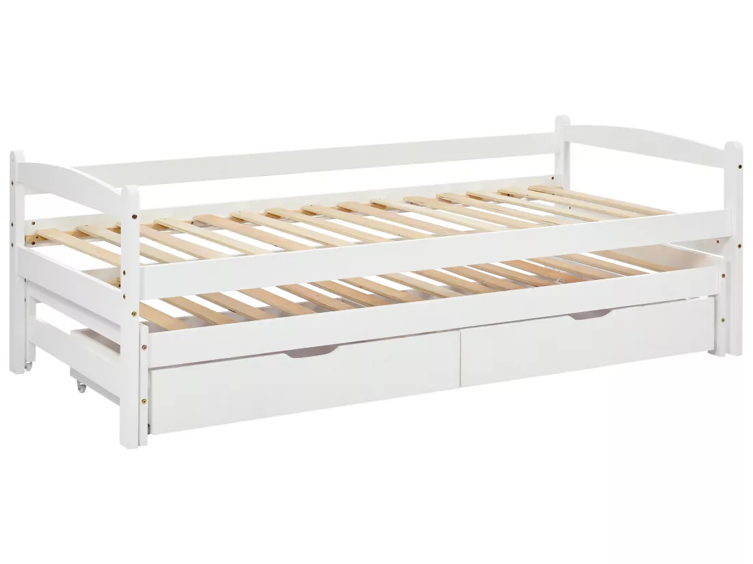 Lit gigogne avec 2 tiroirs - 200x90cm & 190x90cm - bois massif - blanc