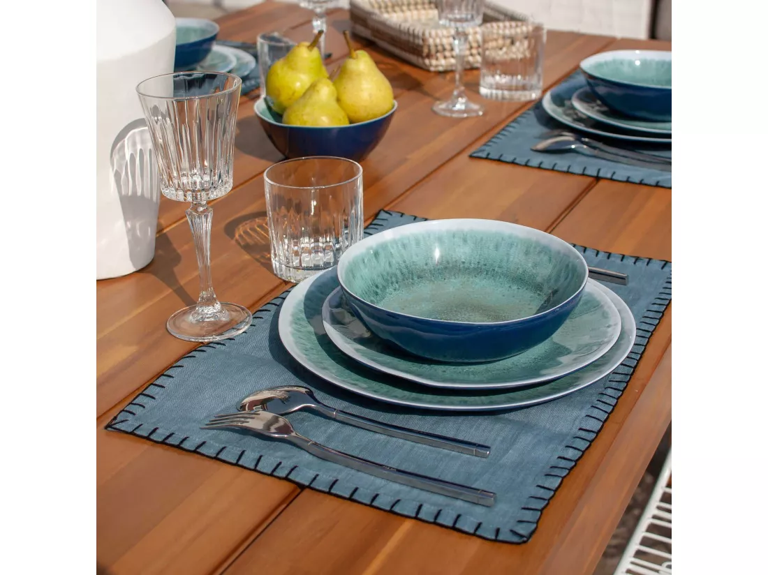 Now's Home - Lot De 4 Sets De Table Lin Bleu Surpiqure Noire 45x30cm Palerme