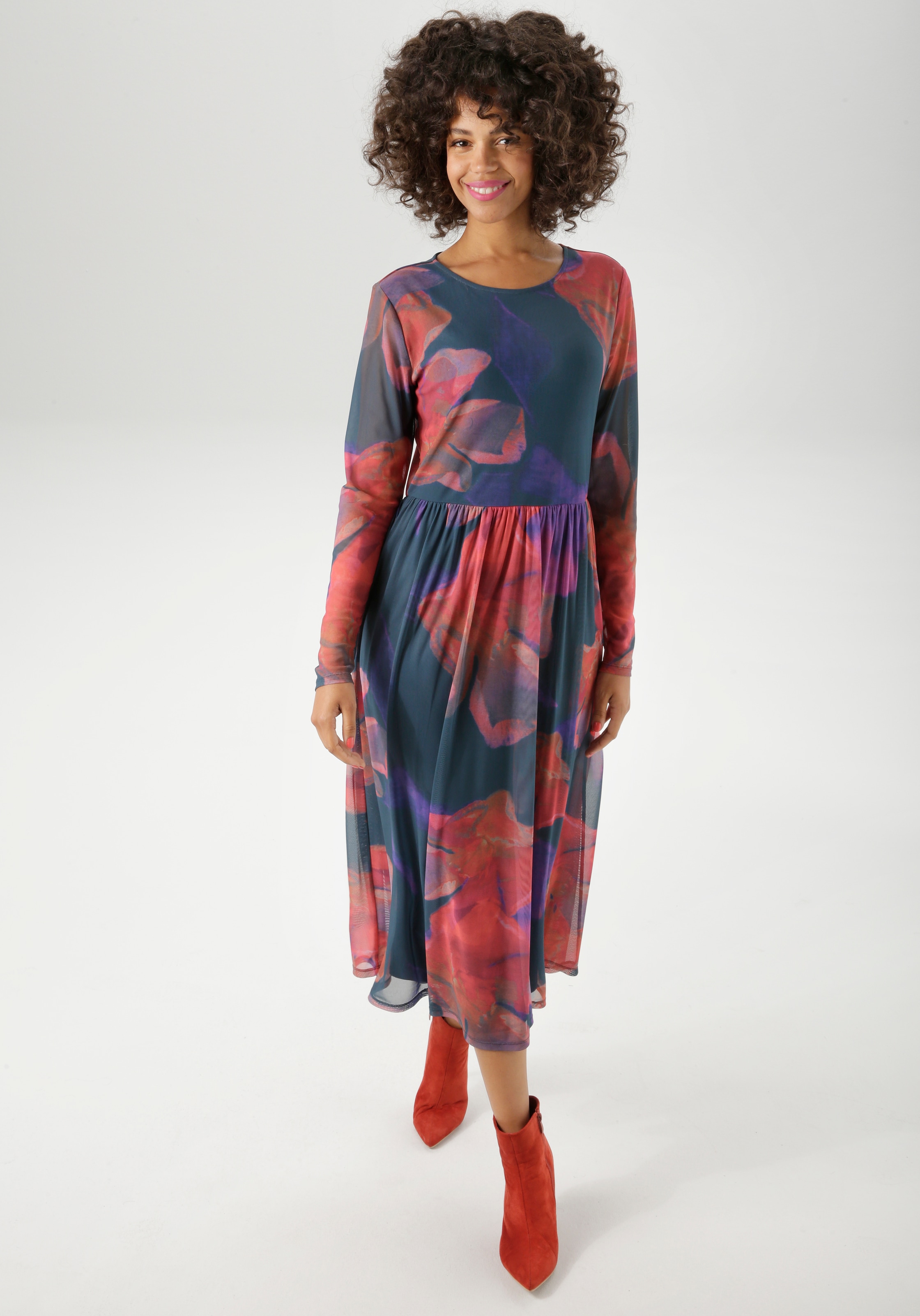 Aniston CASUAL Midikleid mit grossflächigen Batik-Blüten bedruckt - NEUE KOLLEKTION