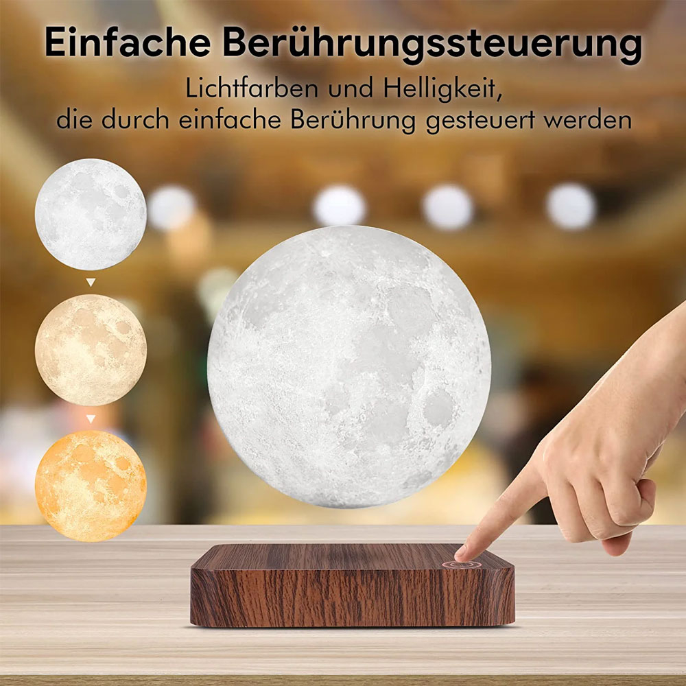 (Ø15cm) Schwebende 3D LED Mond Lampe Nachtlicht Deko Beleuchtung mit Holzsockel - Hellbraun