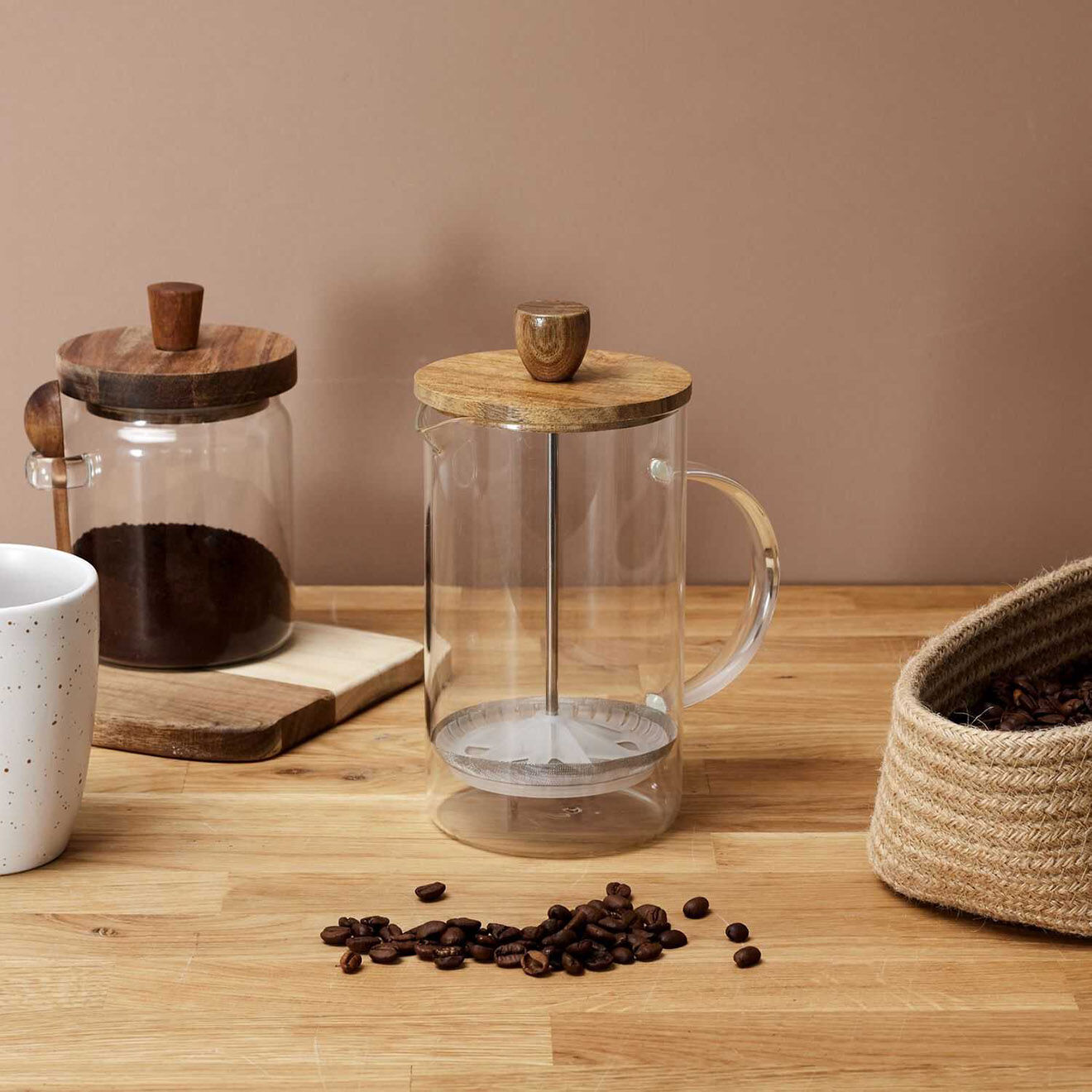 Home Deco Factory Cafetiere à Piston Verre Acacia transparente - 14x19x9.6 cm