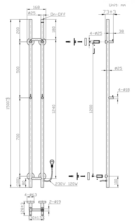 Sanigoods Lilia elektrische staafradiator dubbel 150cm wit glans 120W