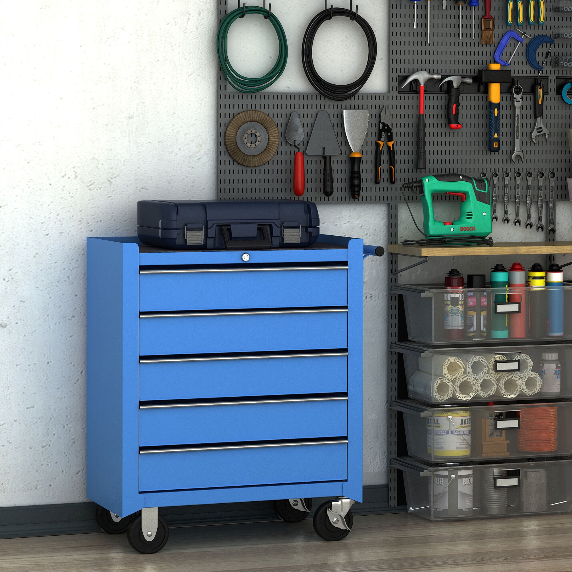 HOMCOM Fahrbarer Werkstattwagen mit 5 Schubladen blau 67,5 x 33 x 77 cm (BxTxH ohne Räder)