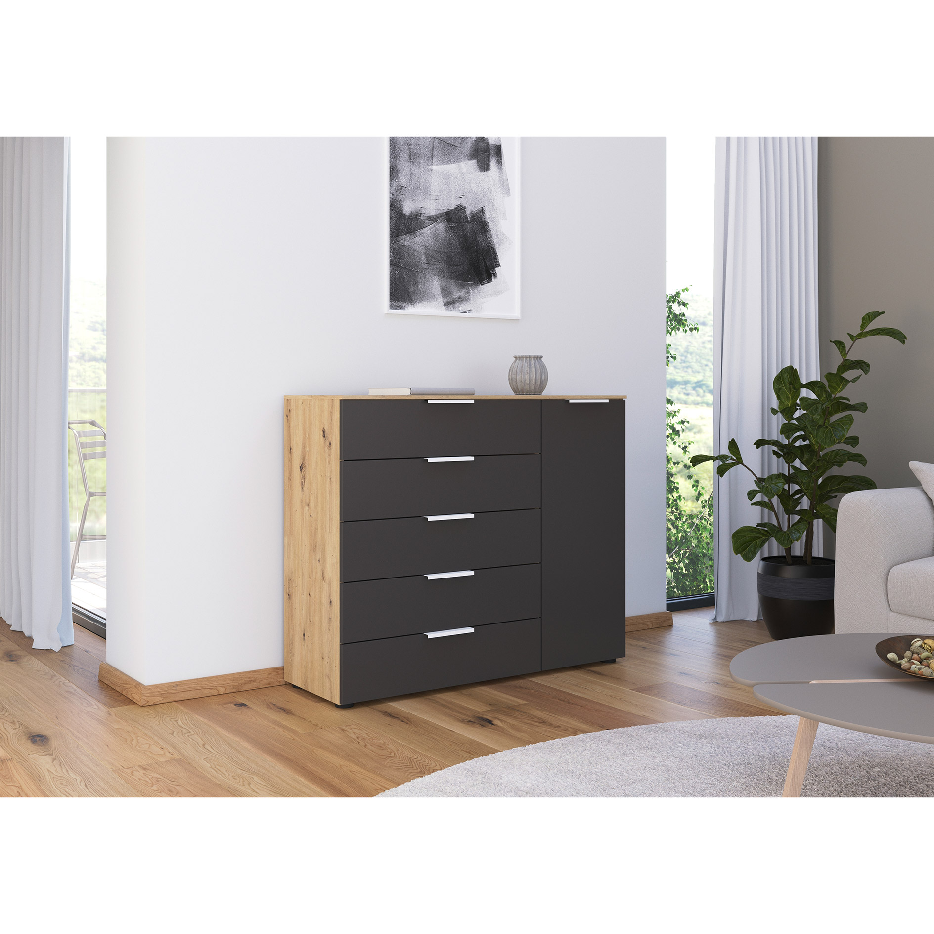 Kommode - Artisan Eiche-graphit - weiße Griffe - 120 cm