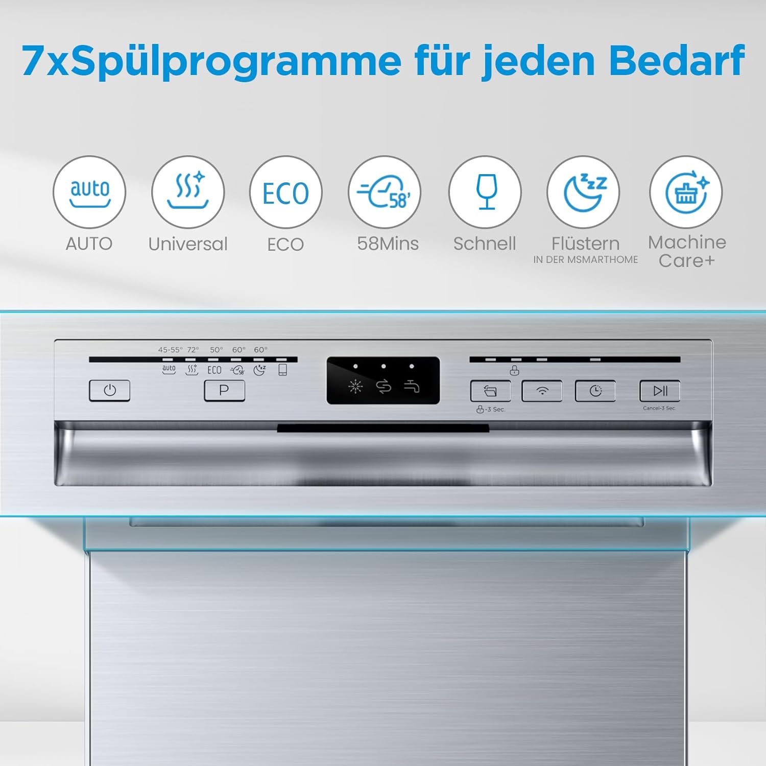 Midea MDWEU1036WSS Geschirrspüler 45cm Unterbau, 10 MGD, 44 dB, Spülmaschine 45 cm Teilintegrierbar, Home Connect, AutoOpen dry, Startverzögerung, 7 Programme, Hygienepflege+, Maschinenpflege+