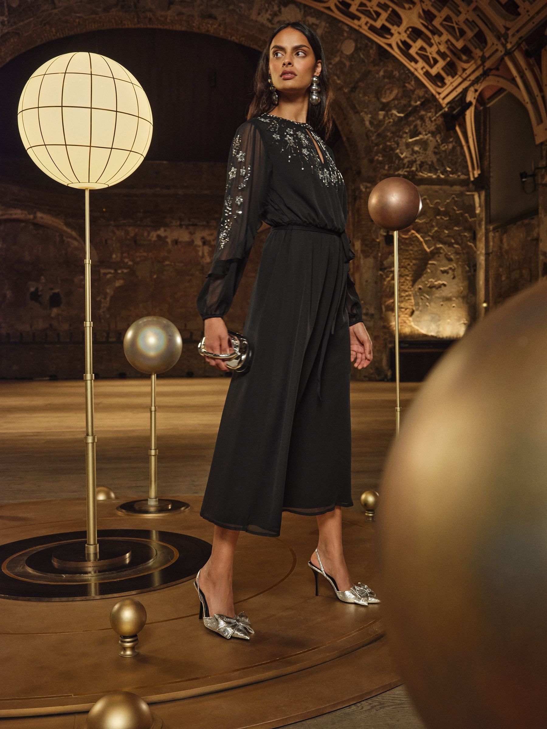Love & Roses Embellished Long Sleeve Midi Dress