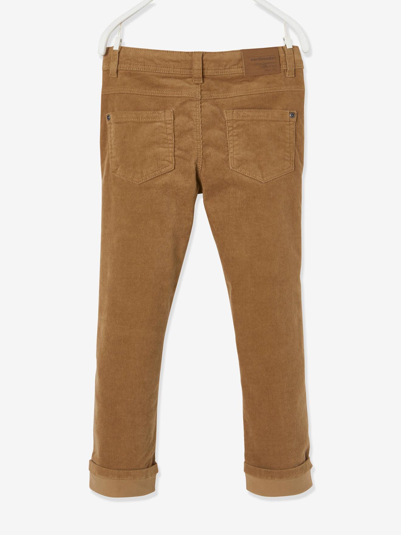 Calças de veludo cotelê slim-fit para meninos, bege médio, lisas com estampas.