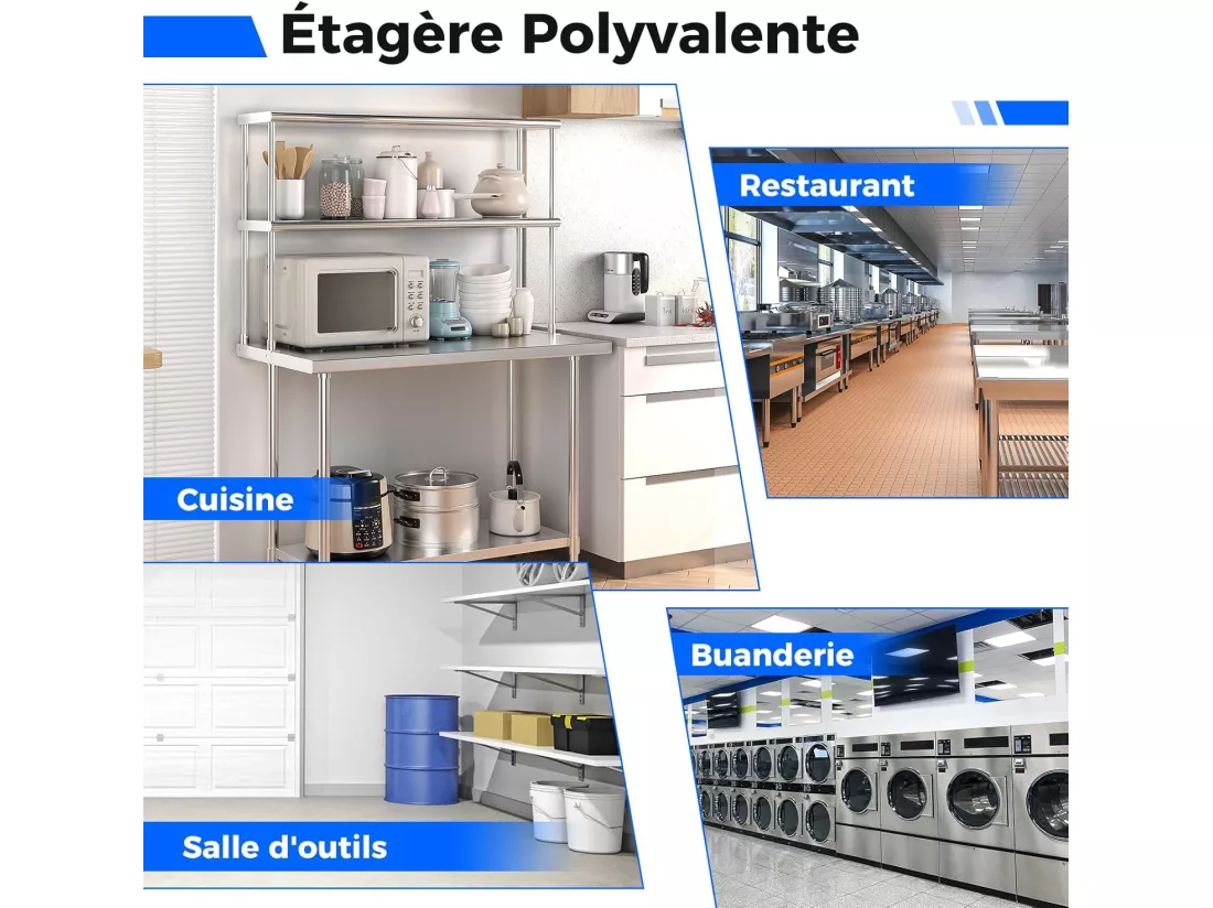 Table de Travail Cuisine 61 x 122 x171 cm avec Étagère Supplémentaire à 2 Niveaux, Acier INOX, Plateau Inférieure Réglable, Charge 617 kg, pour Cuisine, Restaurant, Hôtel