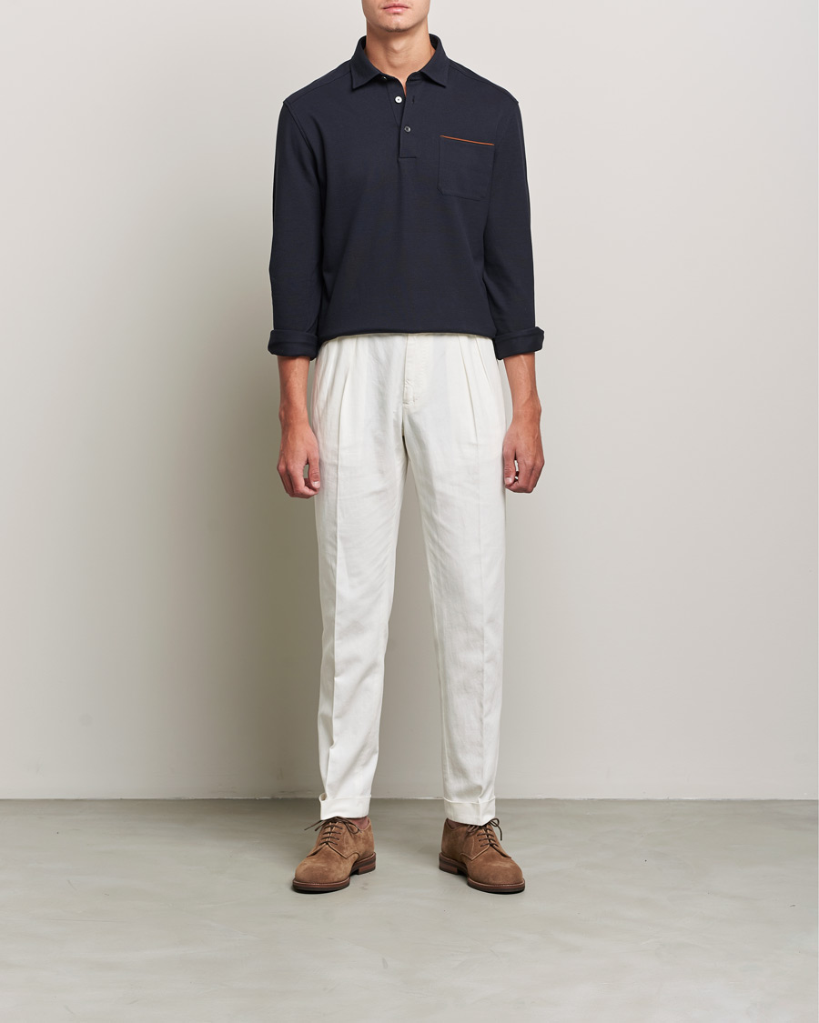 Zegna Long Sleeve Cotton Piquet Polo Navy