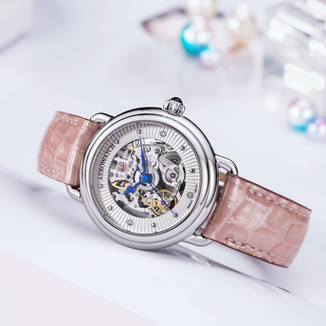 Aerowatch 1942 Lady Automatic Skeleton Leder rosa