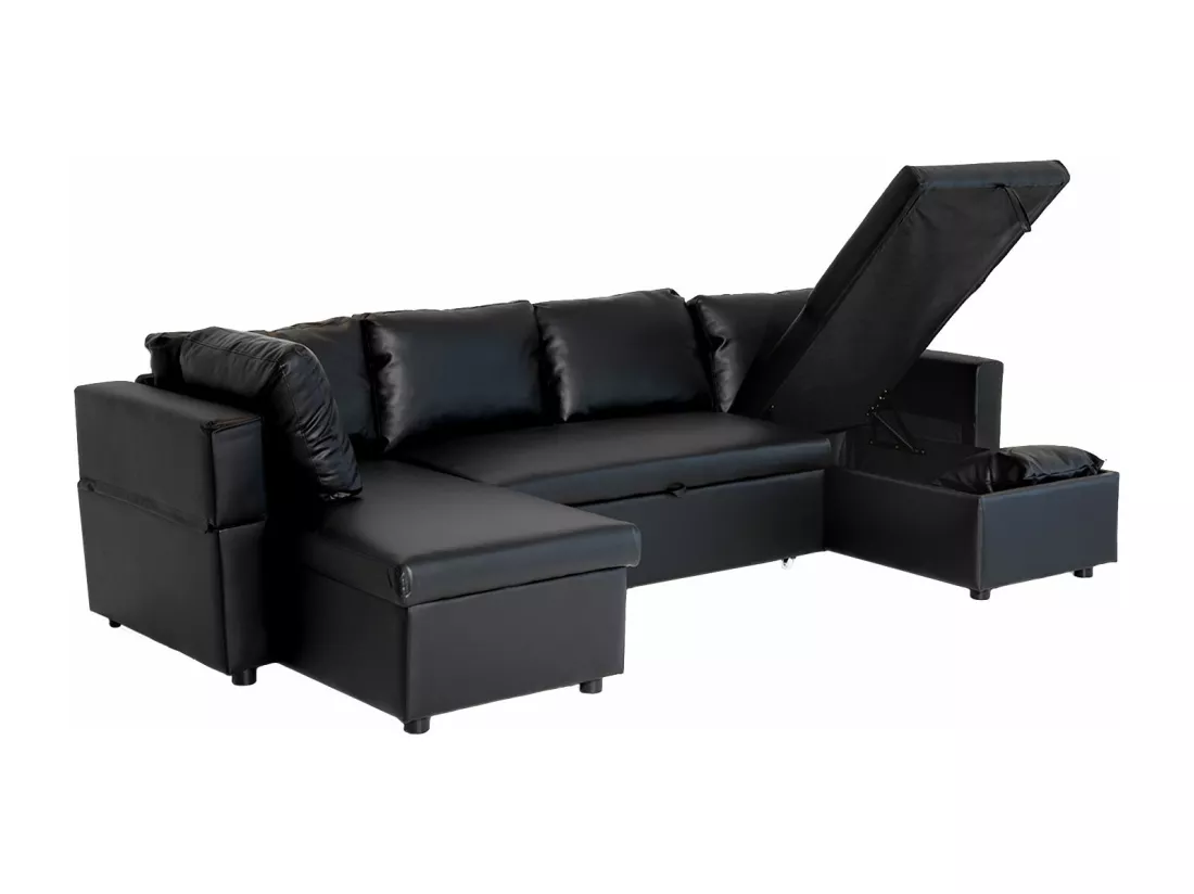 Canapé panoramique convertible simili SCOTT 4 places noir - HAPPY GARDEN