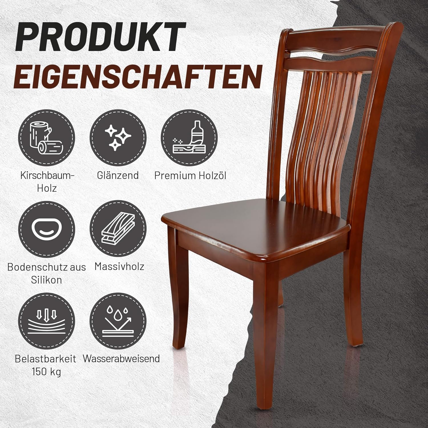 Esszimmerstühle 2er Set aus Kirschbaumholz, Holzstuhl, Küchenstuhl aus Massivholz bis 150 kg - Design 809 - Walnussbraun