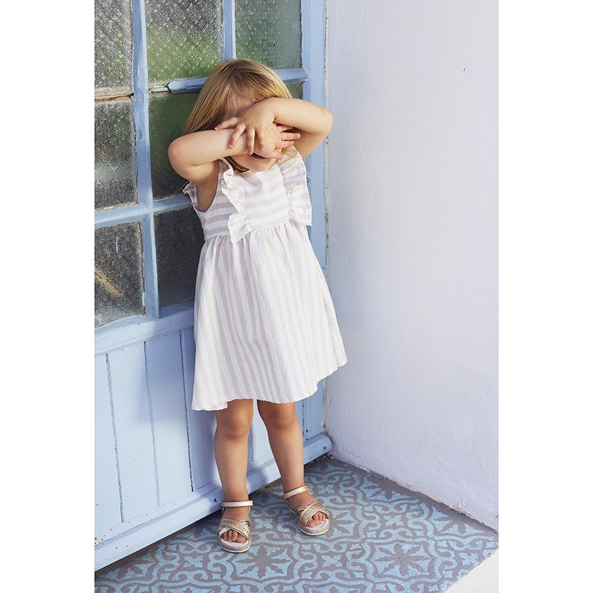 Robe manches courtes volantées à rayures pour bébé fille - Ecru