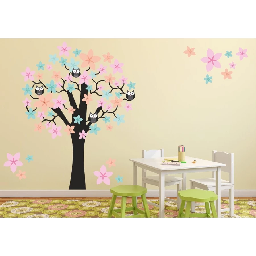 Nikima Wandtattoo 062 Wandtattoo Baum mit Eulen – rosa blau orange bunt