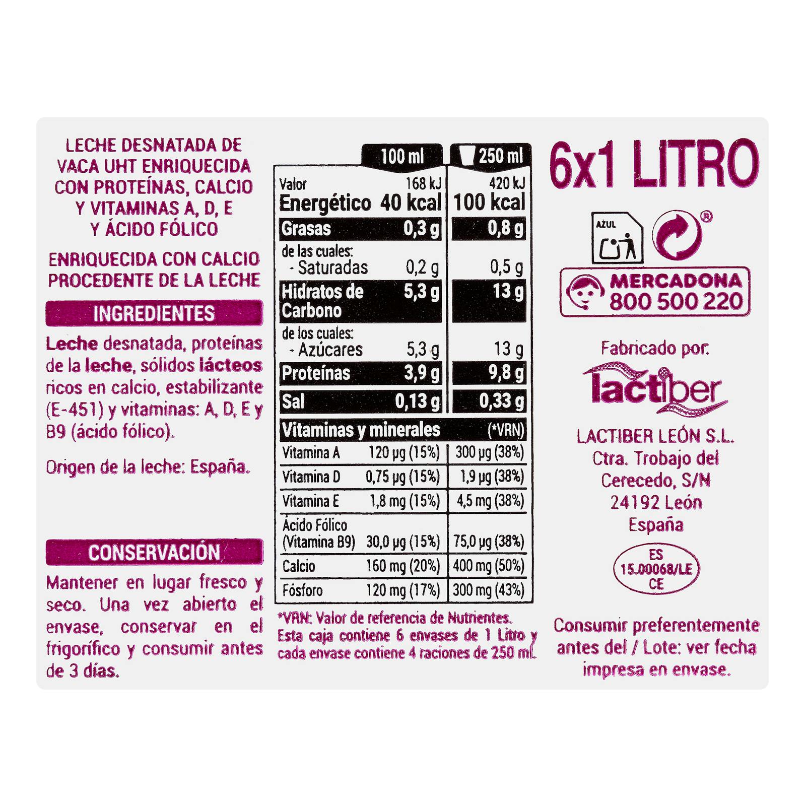Lait écrémé au calcium Hacendado