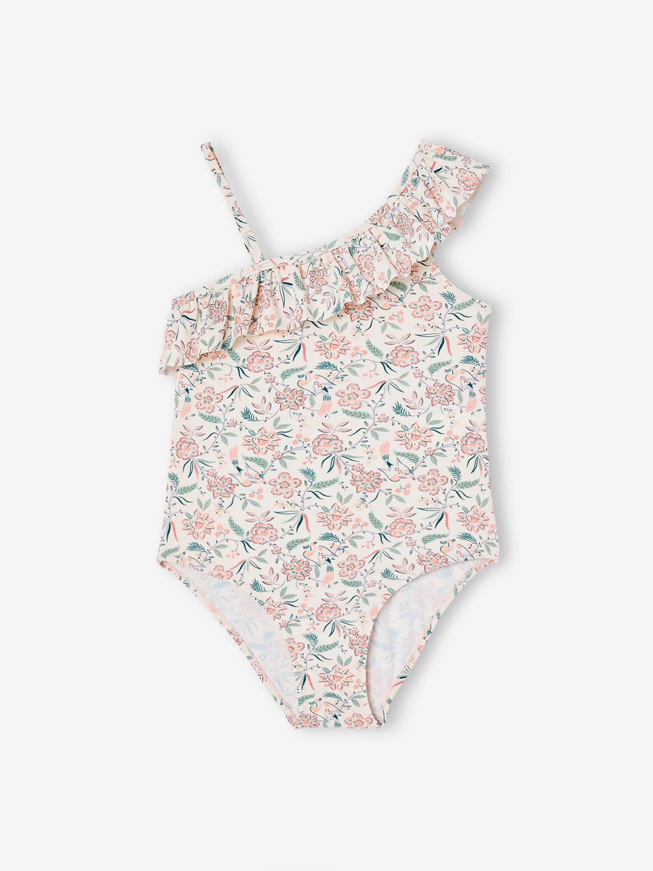 Maiô assimétrico com estampa e babados para meninas, cor pêssego.