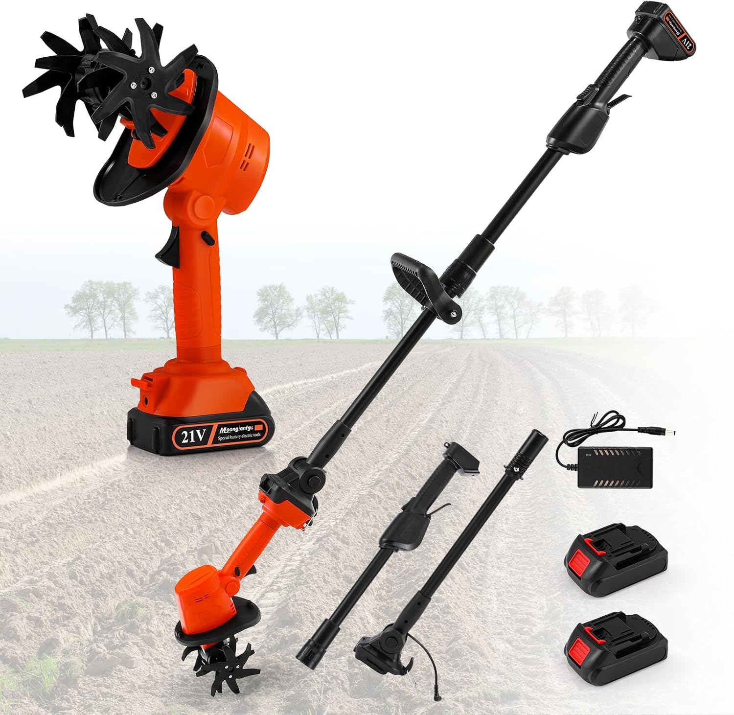 Moongiantgo 2-in-1 Akku-Motorhacke & Kultivator, Handheld/Stangenmontage mit 4 gehärteten Stahlmessern, 21V Dual-Akku für Bodenlockerung, Jäten & Furchen, 10cm Tiefe/Breite, 2×1500mAh