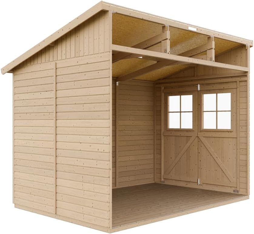 Holz Gartenschuppen (ohne Seitenwand) MIT IMPRÄGNIERTEM Boden - Abstellkammer mit Fenstern - H244x211x318 cm/6,02 m2 - Gartenwerkstatt - Fahrrad- Geräteschuppen TIMBELA M339+M339G