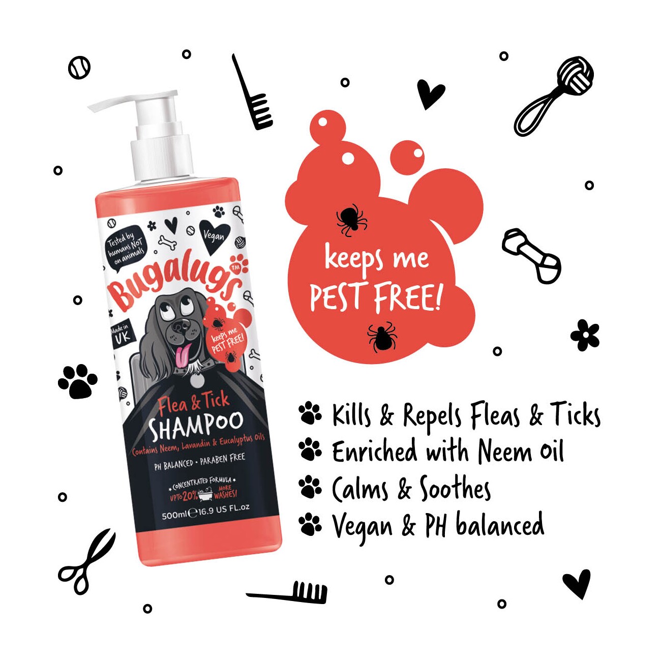 Bugalugs Neemöl – Floh- und Zeckenshampoo für Hunde mit praktischem Pumpdosierer