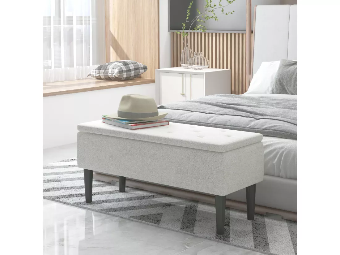Banc coffre de rangement 2 en 1 dim. 95L x 38l x 45H cm piètement bois noir tissu blanc cassé